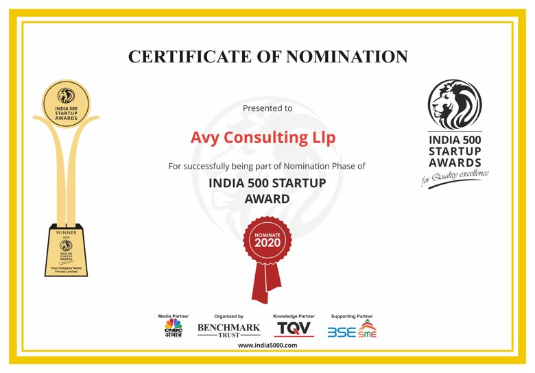 India 500 Startup Award 2020 nomination certificate, AVY Consulting LLP