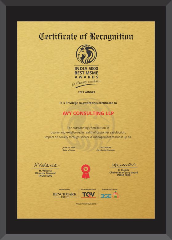India 5000 Best MSME Award 2021 certificate, AVY Consulting LLP